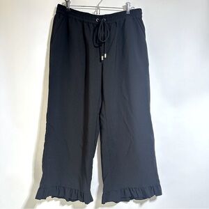 Michael Kors black cropped ruffle hem elastic waist drawstring capri loose pants